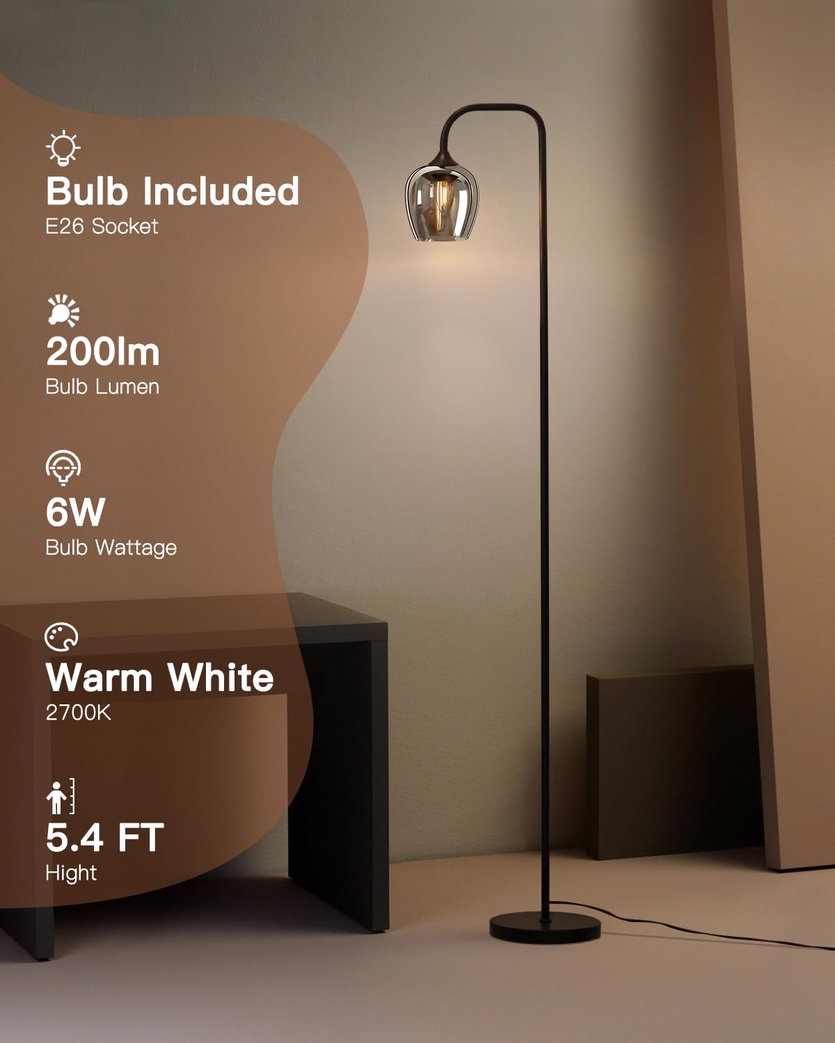 ONEWISH Floor Lamp - Modern Standing Lamp for Living Room Bedroom, Tall Lamp with Globe Glass Lamp Shade Electroplated Mirror Finished, LED Bulb Included, Mid-Centaury Modern Design for Decor, Black