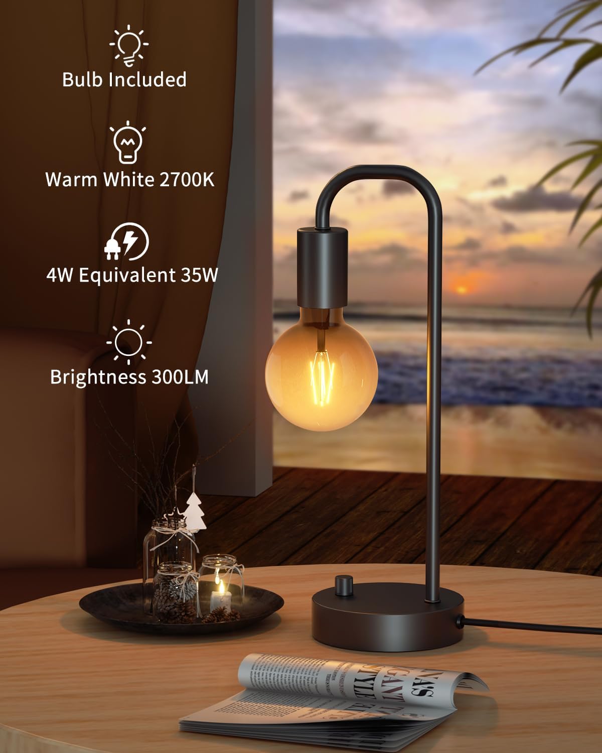 ONEWISH Industrial Table Lamp for Bedroom, Fully Dimmable Modern Bedside Lamps with 2700K Warm Light Bulb for Kids Reading, Minimalist Nightstand Lamps for Living Room, Office (Bulb Included)