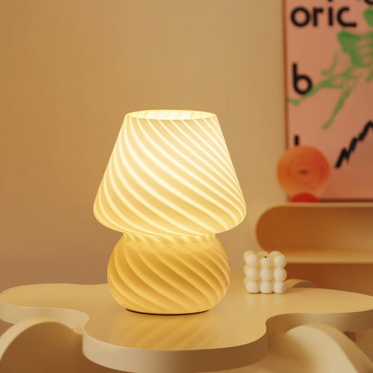 ONEWISH Elegant Striped Mushroom Lamp - Small Bedside Table Lamp with Striped Glass for Bedroom Living Room
