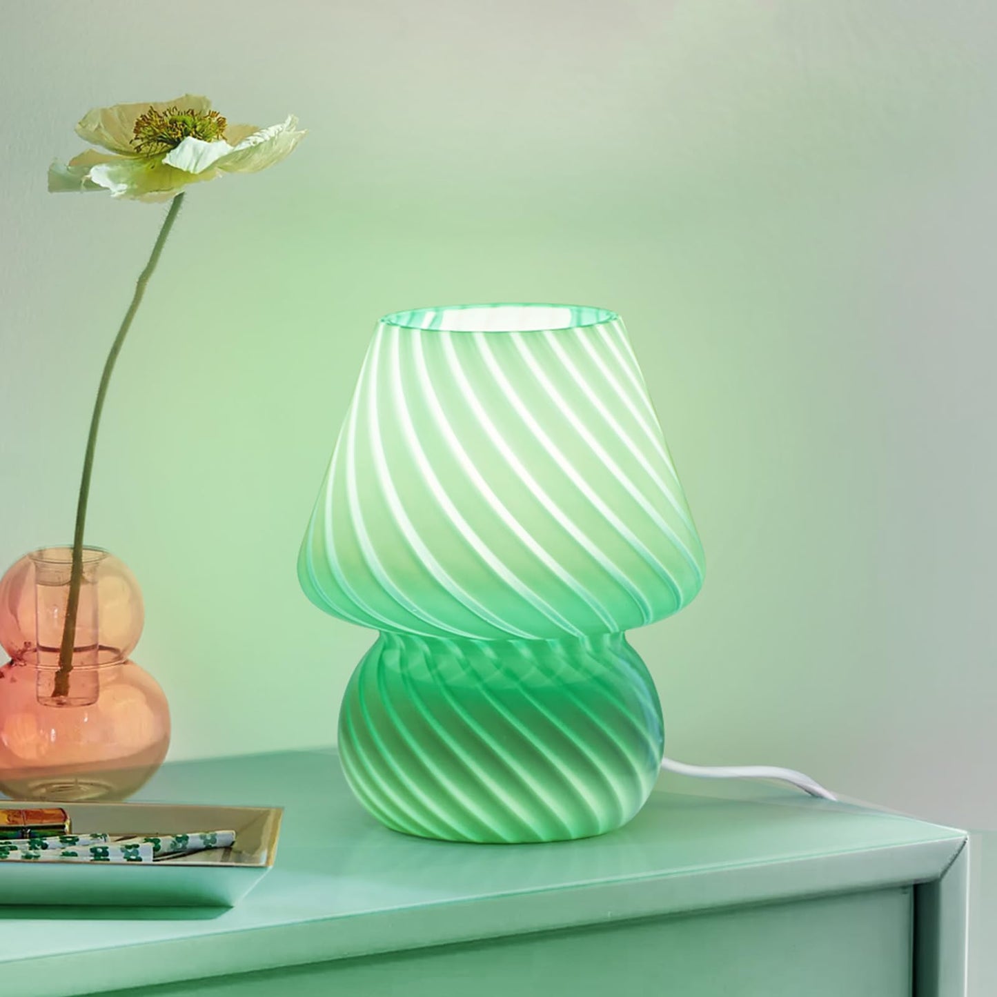 ONEWISH Elegant Striped Mushroom Lamp - Small Bedside Table Lamp with Striped Glass for Bedroom Living Room