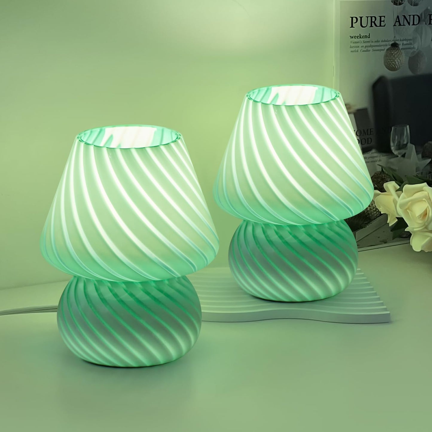 ONEWISH Elegant Striped Mushroom Lamp - Small Bedside Table Lamp with Striped Glass for Bedroom Living Room