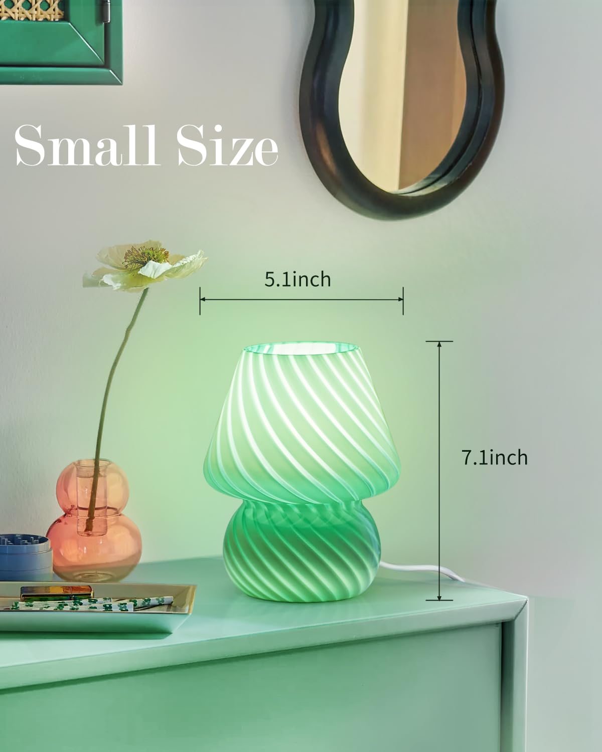 ONEWISH Elegant Striped Mushroom Lamp - Small Bedside Table Lamp with Striped Glass for Bedroom Living Room