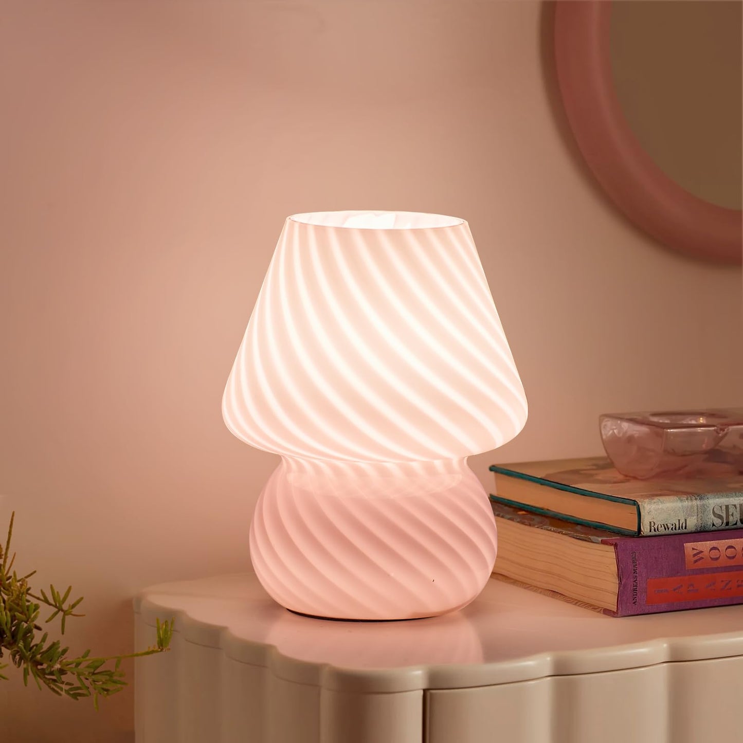 ONEWISH Elegant Striped Mushroom Lamp - Small Bedside Table Lamp with Striped Glass for Bedroom Living Room